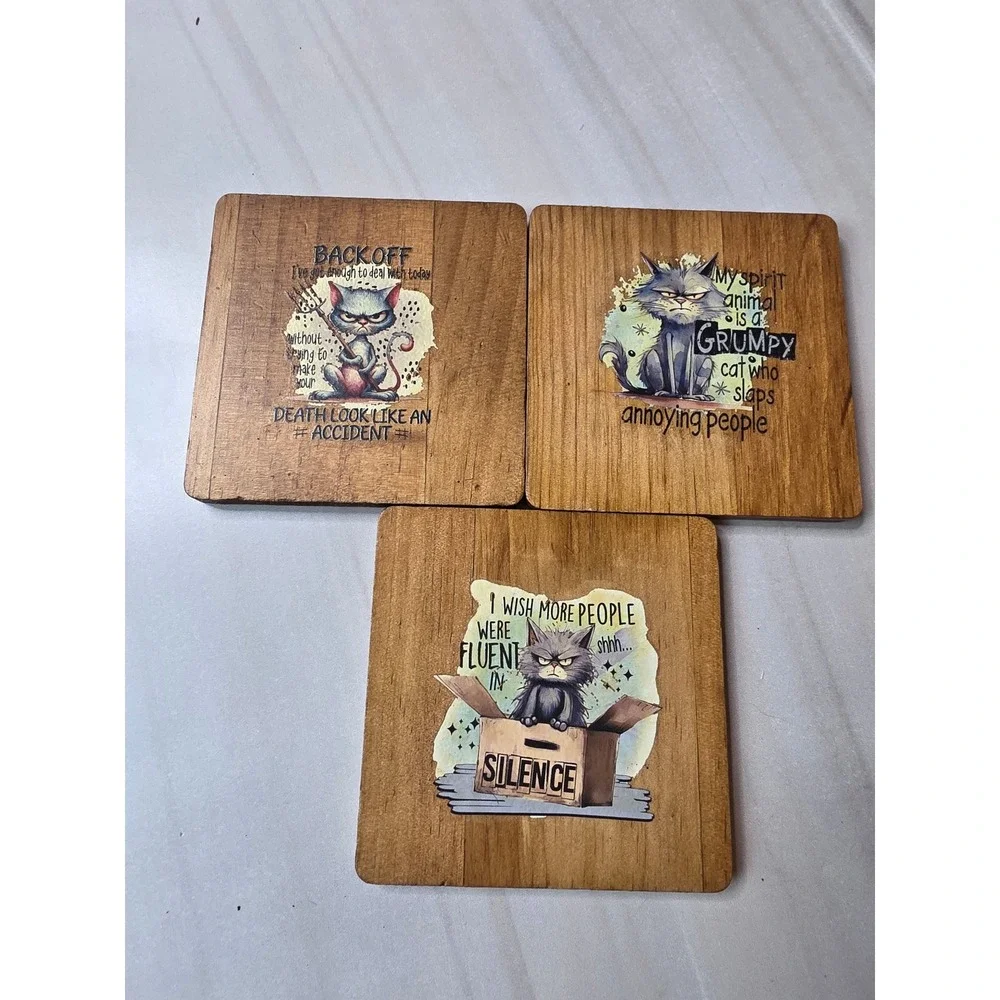 Grumpy Cat Wooden Coasters Set of 3 Snarky Humor Rustic Drink‎ Mats Brown F1